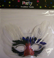 Deluxe Feather Masquerade Mask – Blue, Red, Black & White