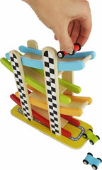 Toy Chest Wooden Race Track Ramp with 4 Mini Race Cars
