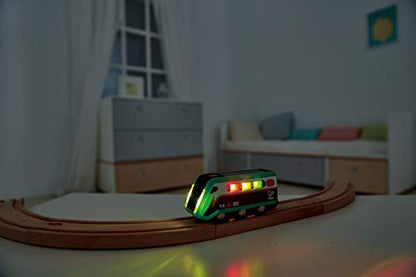 Hape Solar Powered Train | Multi-Colored Train Engine Toy, Railway Track Accessory, Solar Panel Powers Lights, Includes Electricity Level Indicator, Sustainable Play for Kids