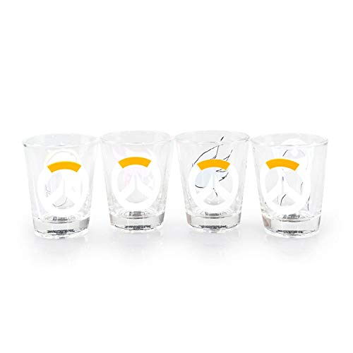 JUST FUNKY Overwatch Shot Glass Set | Includes Tracer, D.Va, Mercy, & Symmetra Characters & Overwatch Logo | Set Of 4 Glasses