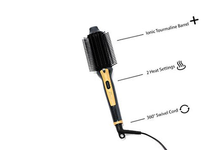 Tru Beauty 2-in-1 Hot Styling Brush, Ionic Tourmaline Barrel, 2 Heat Settings, Swivel Cord - Black/Gold