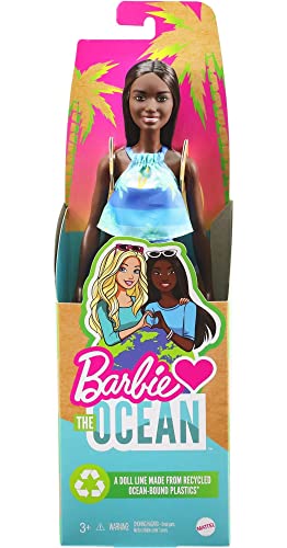 Barbie Loves The Ocean Beach-Themed Doll (11.5-inch Brunette), Made from Recycled Plastics, Wearing Fashion & Accessories, Gift for 3 to 7 Year Olds