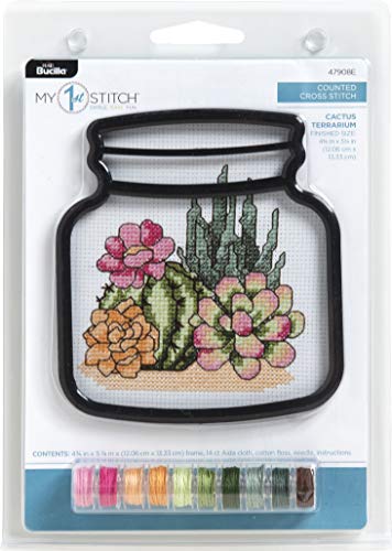 Bucilla 47908E My 1st Stitch Counted Cross Stitch Kit, 4", Terrarium Cactus