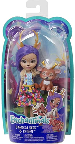 Mattel Enchantimals Danessa Deer Doll & Sprint Figure, 6-inch small doll, with long purple hair in pigtails, animal ears, antlers and tail, removable skirt, shrug and shoes, Gift for 3 to 8 Year Olds