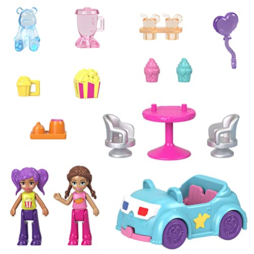 Polly Pocket Pollyville Dolls & Playset, Drive-in Movie Theater with 2 Micro Dolls, 1 Toy Car & 11 Accessories