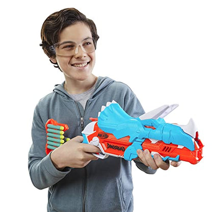 NERF DinoSquad Tricera-Blast Dart Blaster, Break-Open 3-Dart Loading, 12 Official Darts, Dart Storage, Triceratops Dinosaur Design