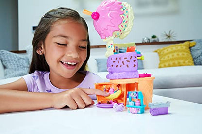 Polly Pocket Dolls and Accessories, Ice Cream Cone-Shaped Playground with 3 Floors and 2 Micro Dolls, Spin ‘n Surprise Compact