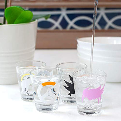 JUST FUNKY Overwatch Shot Glass Set | Includes Tracer, D.Va, Mercy, & Symmetra Characters & Overwatch Logo | Set Of 4 Glasses