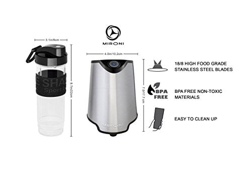 Mironi Personal Smoothie Blender 2-in-1 Single Serve Blender, Mini Bullet Blender 500W With 20 Ounce Tritan Sports Bottle and Grinder Cup for Juices, Shakes, Smoothies and More Stainless Steel