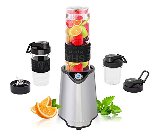 Mironi Personal Smoothie Blender 2-in-1 Single Serve Blender, Mini Bullet Blender 500W With 20 Ounce Tritan Sports Bottle and Grinder Cup for Juices, Shakes, Smoothies and More Stainless Steel