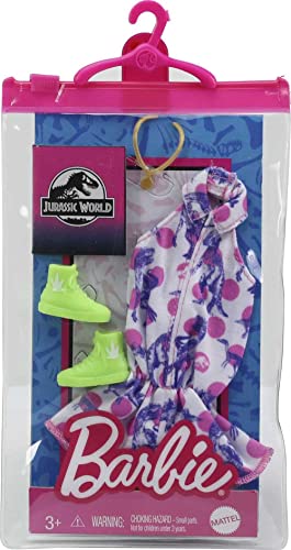 Barbie Doll Clothes Inspired by Jurassic World: Dominion, Complete Look, 2 Accessories, Shorts Romper with Pink Polka Dot & Dinosaur Print, Lime Green Boots & Necklace, Gift for Kids 3 to 8 Years Old