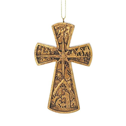 Nativity Flare Cross Dappled Gold 2 x 3.75 Resin Stone Christmas Ornament