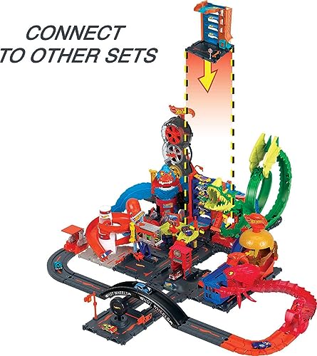 Hot Wheels City Toy Car Track Set Downtown Car Park Playset with 1:64 Scale Vehicle, 4 Levels, Working Lift & Exit Chute For 4 years and up, Multi