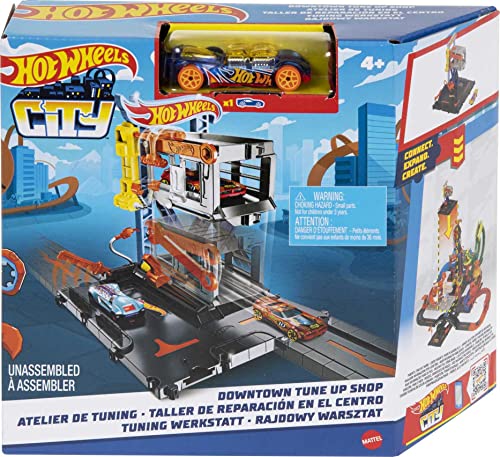 Hot Wheels City Toy Car Track Set Downtown Repair Station Playset with 1:64 Scale Vehicle, Working Lift & Launcher