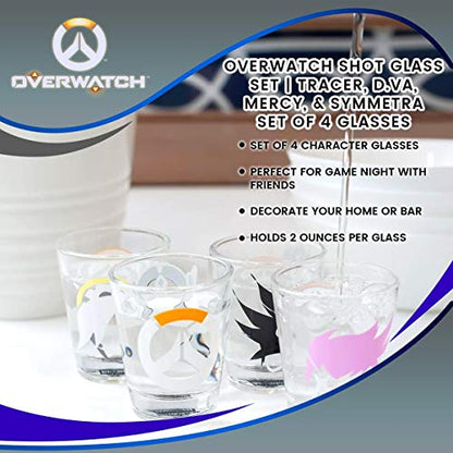 JUST FUNKY Overwatch Shot Glass Set | Includes Tracer, D.Va, Mercy, & Symmetra Characters & Overwatch Logo | Set Of 4 Glasses