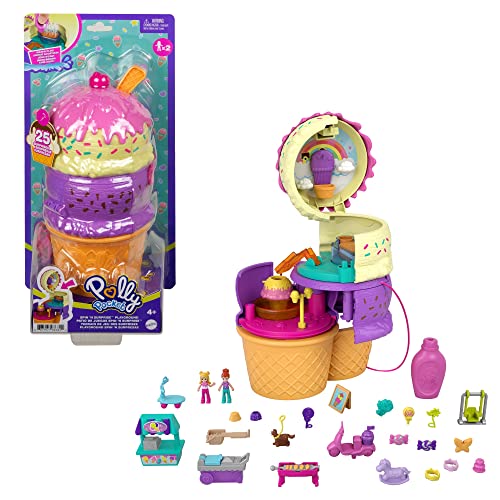 Polly Pocket Dolls and Accessories, Ice Cream Cone-Shaped Playground with 3 Floors and 2 Micro Dolls, Spin ‘n Surprise Compact