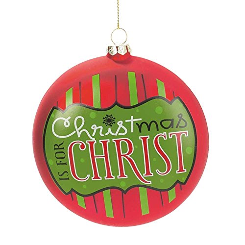 Large Glass Christmas Ornament - 4" Christmas Is for Christ in Green and Red Stripes