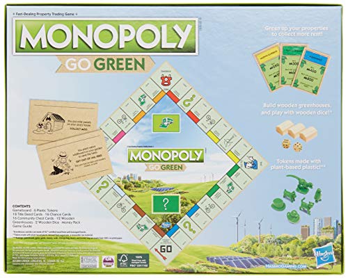 Monopoly: Go Green Edition Game Made with 100% Recycled Paper Parts and Plant-Based Plastic Tokens, Board Game for Families Ages 8 and Up