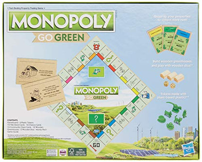 Monopoly: Go Green Edition Game Made with 100% Recycled Paper Parts and Plant-Based Plastic Tokens, Board Game for Families Ages 8 and Up