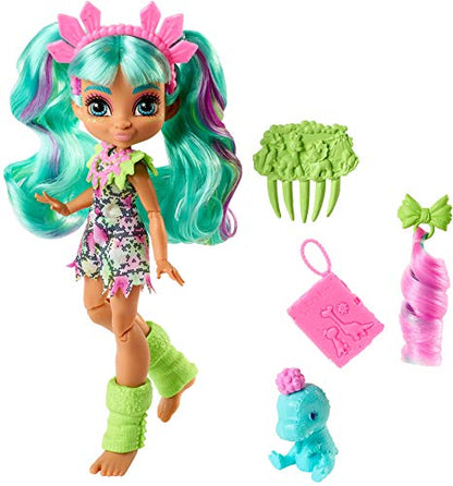 Cave Club Rockelle Doll (8 – 10-inch, Teal Hair) Poseable Prehistoric Fashion Doll with Dinosaur Pet and Accessories, Gift for 4 Year Olds and Up [Amazon Exclusive]
