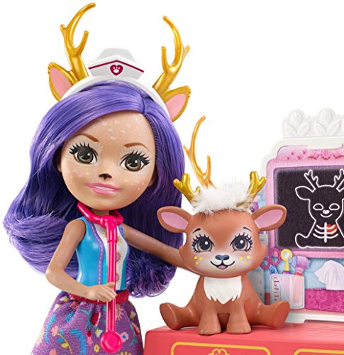 Mattel Enchantimals Caring Vet Playset with Danessa Deer Doll and Sprint Animal Figure, 6-inch Small Doll, with Check-up Table, Basket, and Smaller Doctor Accessories, Gift for 3 to 8 Year Olds