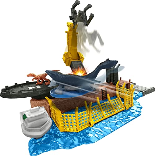 Jurassic World Dominion Minis Mosasaurus Mayhem Playset with 2 Mini Dinosaur Figures, Launchers and Break Apart Feature, Toy Gift Set and Collectible