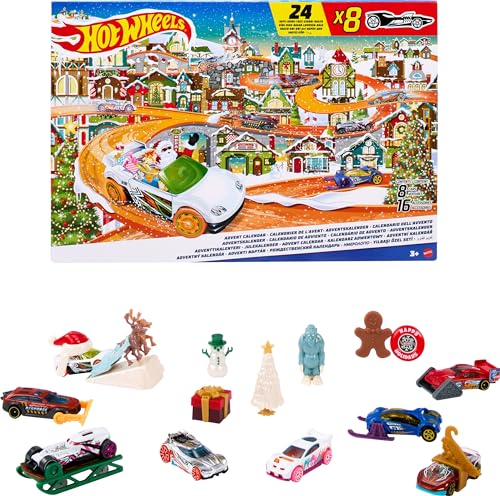 Hot Wheels Toy Car Set, 2023 Advent Calendar with 8 Cars in 1:64 Scale, 16 Accessories & Playmat, Gift for Kids