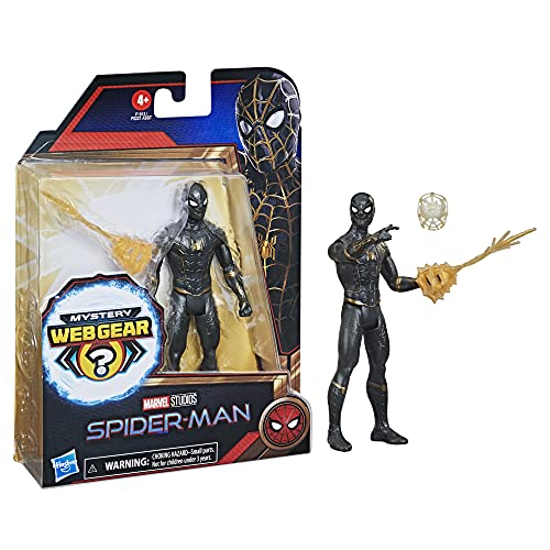 Spider-Man Marvel 6-Inch Mystery Web Gear Black and Gold Suit Action Figure, Includes Mystery Web Gear Armor Accessory and Character Accessory, Ages 4 and Up