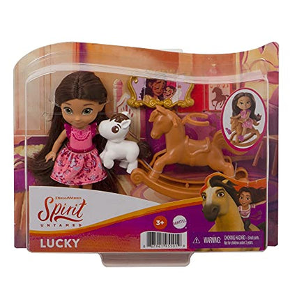 Mattel Spirit Untamed Young Lucky Doll (Approx. 4-in), 5 Movable Joints & Story Accessories: Rocking Horse, Small Horse & More, Great Gift for Ages 3 Years Old & Up