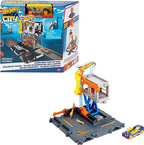 Hot Wheels City Toy Car Track Set Downtown Repair Station Playset with 1:64 Scale Vehicle, Working Lift & Launcher