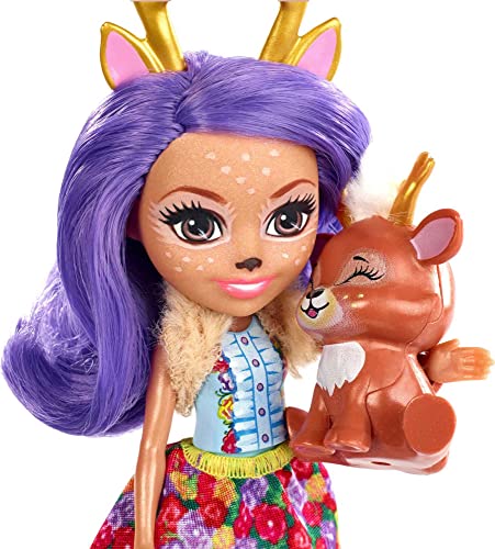 Mattel Enchantimals Danessa Deer Doll & Sprint Figure, 6-inch small doll, with long purple hair in pigtails, animal ears, antlers and tail, removable skirt, shrug and shoes, Gift for 3 to 8 Year Olds