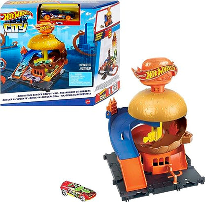 Hot Wheels Toy Car Track Set City Burger Drive-Thru Playset & 1:64 Scale Car, Connects to Other Sets & Tracks