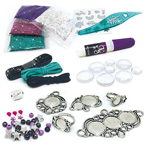 Nebulous Stars Complete Cosmic Jewelry DIY Set 5 Metal Jewelry Bases with Glitter Powders, Beads, Rhinestones Stickers and Tools by Educa Borras