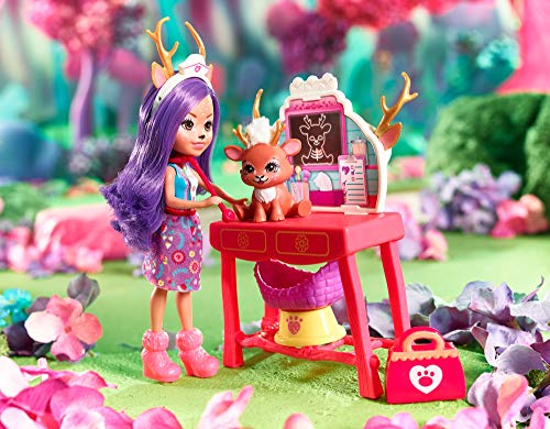 Mattel Enchantimals Caring Vet Playset with Danessa Deer Doll and Sprint Animal Figure, 6-inch Small Doll, with Check-up Table, Basket, and Smaller Doctor Accessories, Gift for 3 to 8 Year Olds