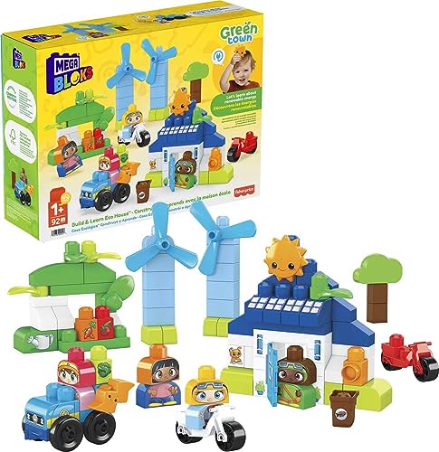 MEGA BLOKS Fisher-Price Toddler Building Blocks, Green Town Build & Learn Eco House With 92 Pieces, 4 Figures, Kids Age 1+ Years