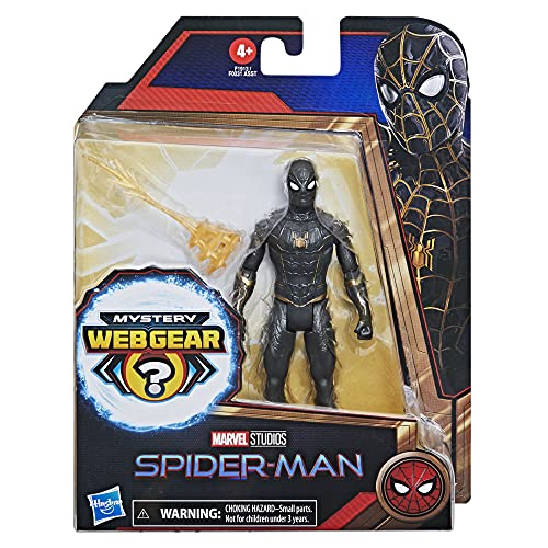 Spider-Man Marvel 6-Inch Mystery Web Gear Black and Gold Suit Action Figure, Includes Mystery Web Gear Armor Accessory and Character Accessory, Ages 4 and Up