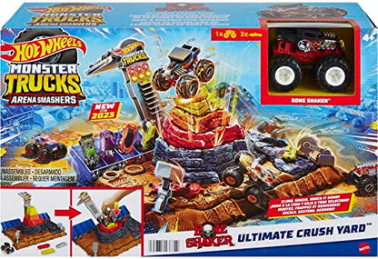 Hot Wheels Monster Trucks Arena Smashers Bone Shaker Ultimate Crush Yard Playset, Includes 1 Exclusive Bone Shaker & 3 Crushable Cars