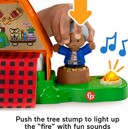 Fisher-Price Little People Toddler Playset Cabin With Camper Figure Plus Campfire Light And Sounds For Pretend Play Ages 1+ Years