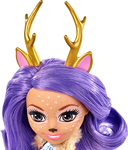 Mattel Enchantimals Danessa Deer Doll & Sprint Figure, 6-inch small doll, with long purple hair in pigtails, animal ears, antlers and tail, removable skirt, shrug and shoes, Gift for 3 to 8 Year Olds