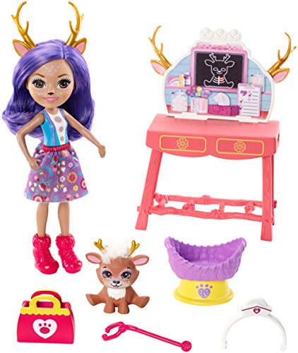 Mattel Enchantimals Caring Vet Playset with Danessa Deer Doll and Sprint Animal Figure, 6-inch Small Doll, with Check-up Table, Basket, and Smaller Doctor Accessories, Gift for 3 to 8 Year Olds