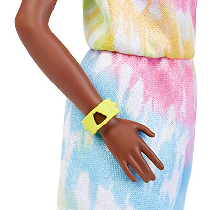 Barbie Fashionistas Doll, Tall, Blonde Afro with Side Puffs, Tie-dye Romper, Sneakers, Yellow Bracelet, Toy for Kids 3 to 8 Years Old