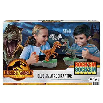 Mattel Games Rock 'Em Sock 'Em Raptors Jurassic World Domination Kids Game Fighting Raptors with Blue Vs Atrociraptor