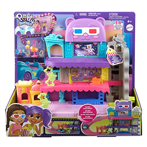 Polly Pocket Pollyville Dolls & Playset, Drive-in Movie Theater with 2 Micro Dolls, 1 Toy Car & 11 Accessories