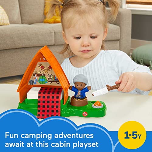 Fisher-Price Little People Toddler Playset Cabin With Camper Figure Plus Campfire Light And Sounds For Pretend Play Ages 1+ Years