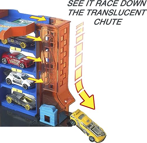 Hot Wheels City Toy Car Track Set Downtown Car Park Playset with 1:64 Scale Vehicle, 4 Levels, Working Lift & Exit Chute For 4 years and up, Multi