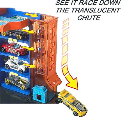 Hot Wheels City Toy Car Track Set Downtown Car Park Playset with 1:64 Scale Vehicle, 4 Levels, Working Lift & Exit Chute For 4 years and up, Multi