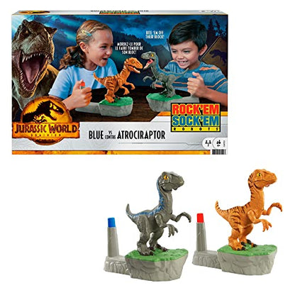 Mattel Games Rock 'Em Sock 'Em Raptors Jurassic World Domination Kids Game Fighting Raptors with Blue Vs Atrociraptor