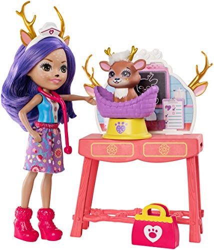 Mattel Enchantimals Caring Vet Playset with Danessa Deer Doll and Sprint Animal Figure, 6-inch Small Doll, with Check-up Table, Basket, and Smaller Doctor Accessories, Gift for 3 to 8 Year Olds