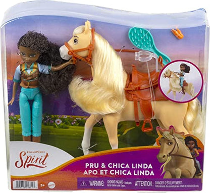 Spirit Pru Doll (7 in) with 7 Movable Joints, Fashion Top, Treats, Brush & Chica Linda Horse (8 in) with Soft Mane & Tail, Great Gift for Ages 3 Years Old & Up