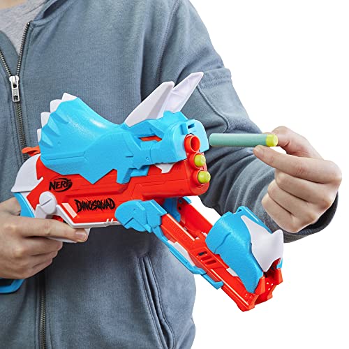 NERF DinoSquad Tricera-Blast Dart Blaster, Break-Open 3-Dart Loading, 12 Official Darts, Dart Storage, Triceratops Dinosaur Design